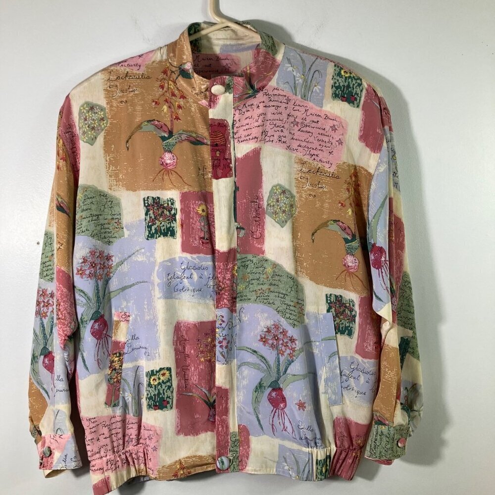 Womens Vintage Doncaster Silks Silk Zip Jacket Floral French Patches‎ Words S